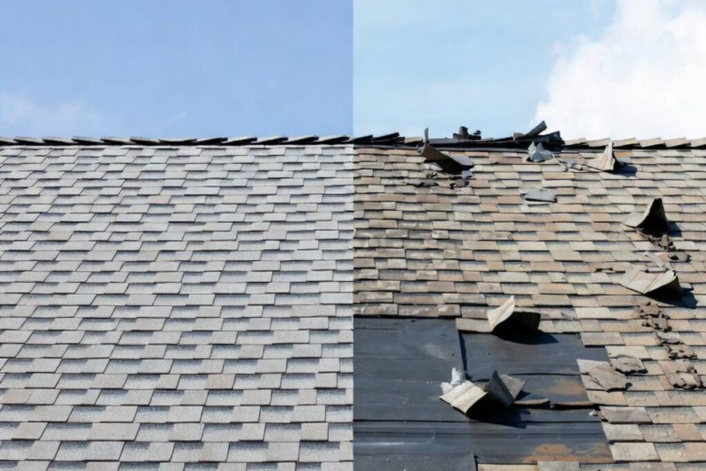 Comparison of new roof vs damaged roof showing value retention importance.